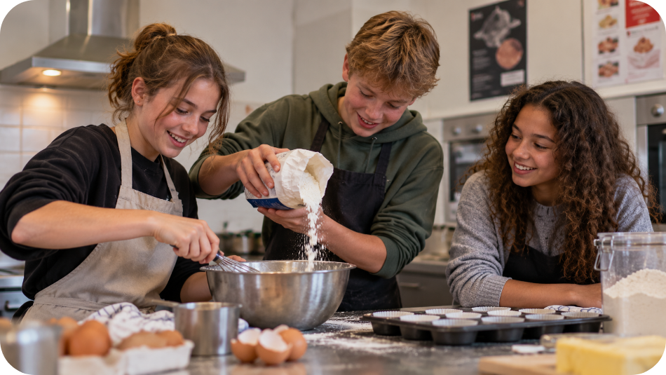 Drie leerlingen bakken samen in de keuken